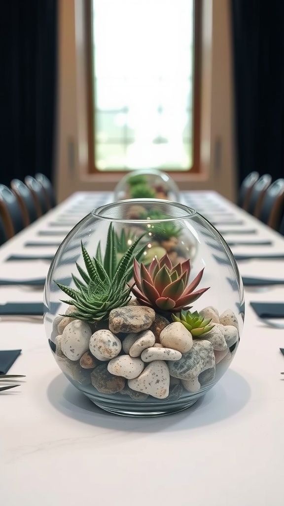 A glass terrarium with succulents and stones on a long dining table.