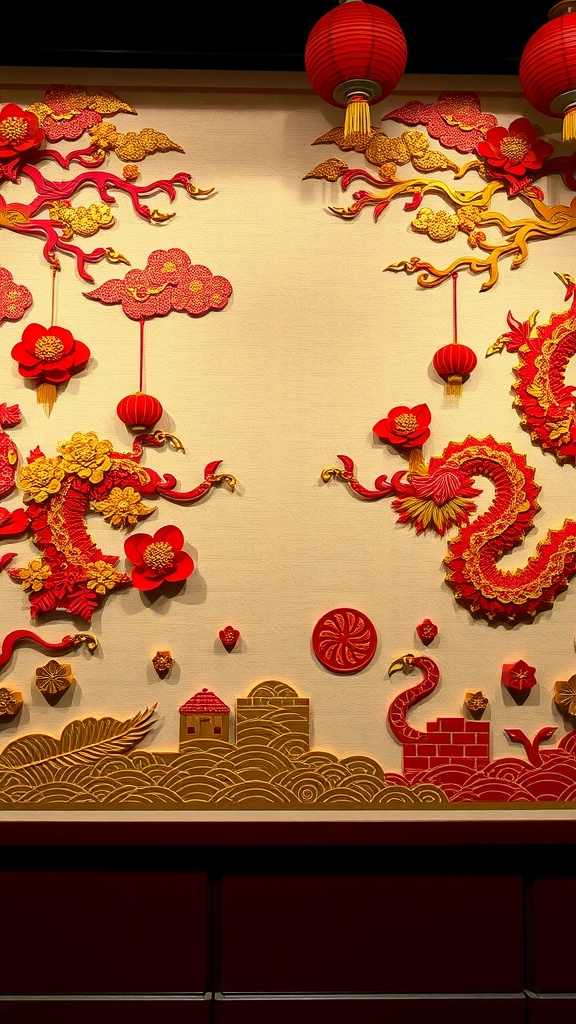 Intricate gold and red paper cuttings featuring flowers, dragons, and lanterns for Lunar New Year decorations.