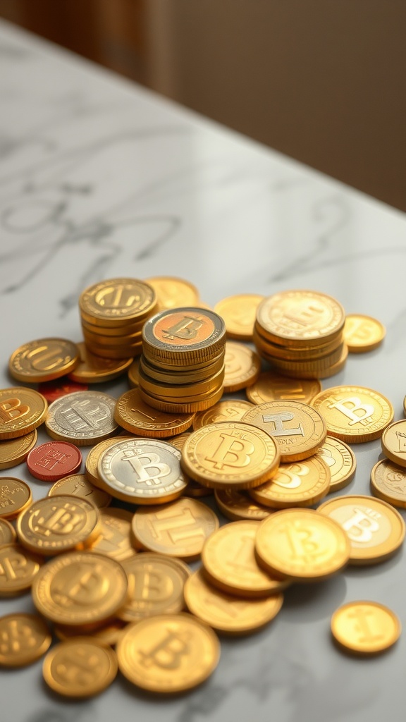 A display of gold coins and ingots on a marble surface.