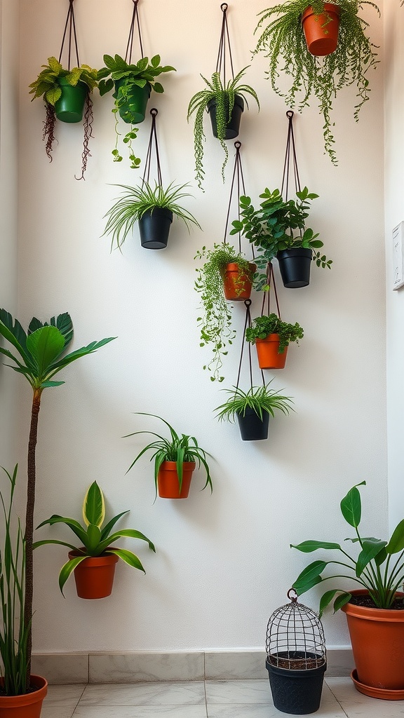 A wall decorated with various hanging planters, showcasing a mix of greenery and vibrant pots.