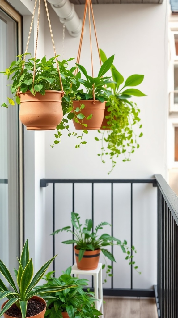 Hanging planters with green plants on a balcony