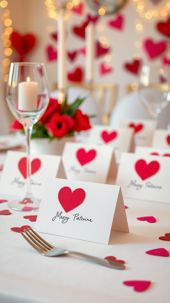 A tablescape featuring heart-shaped place cards and decorations for a Galentine's celebration.