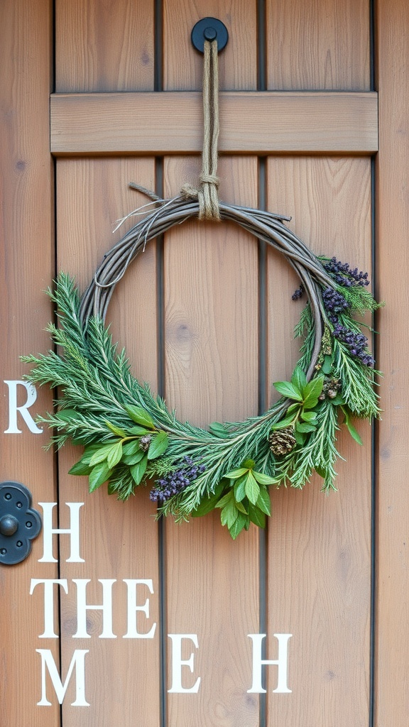 A herb garden wreath made of various greenery, hanging on a wooden door.