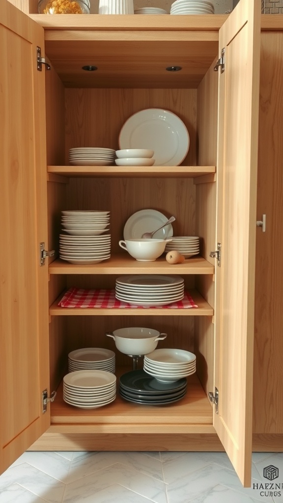 A wooden cabinet showcasing neatly arranged plates and bowls on pull-out shelves.