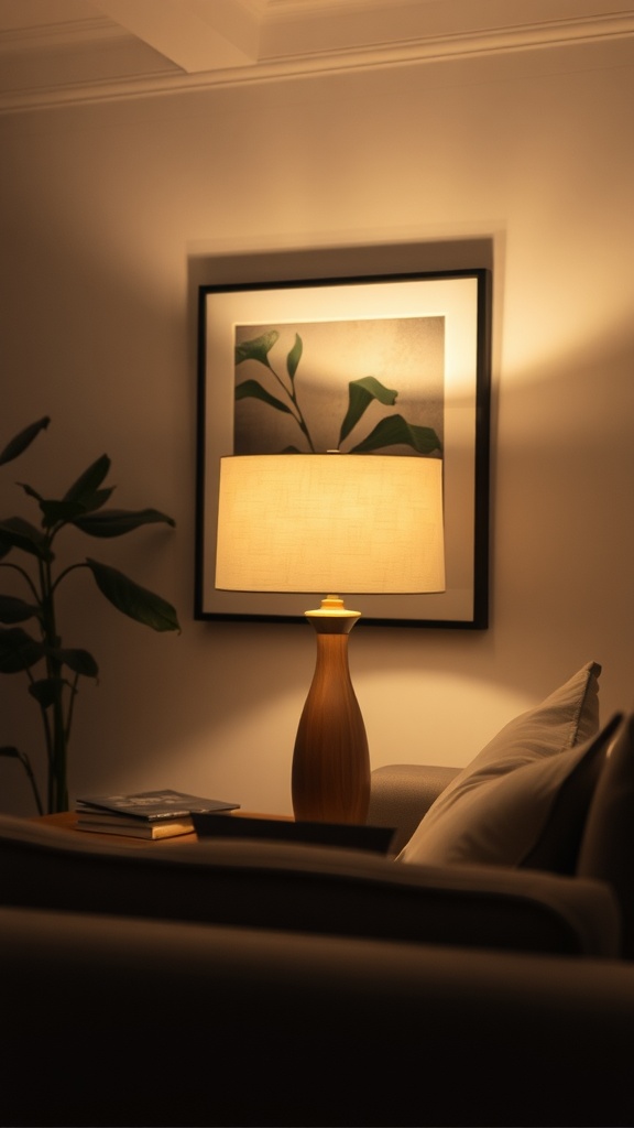 A warm-lit table lamp beside a couch, illuminating artwork on the wall.