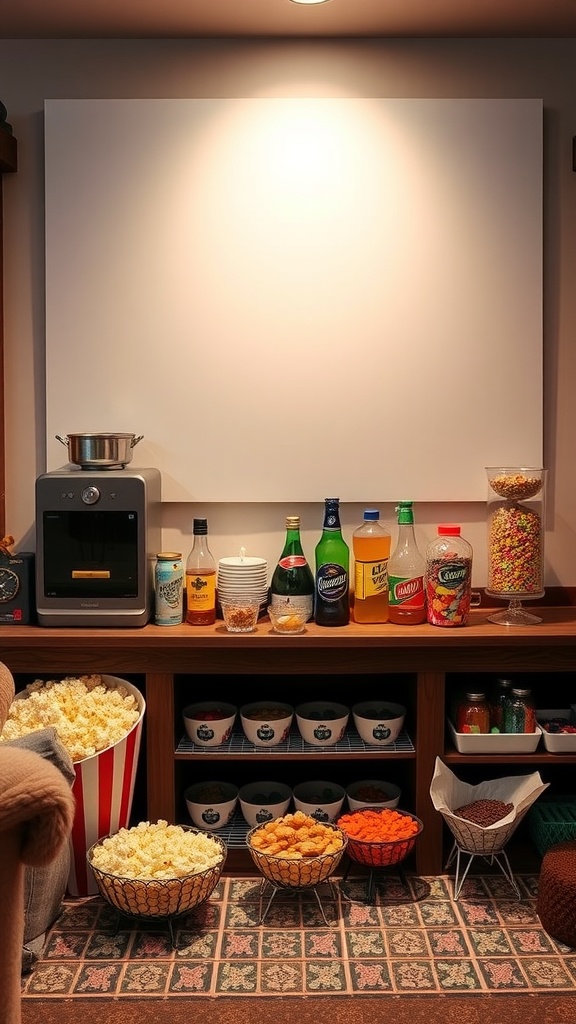 Home theater snack and drink bar with popcorn, drinks, and candy