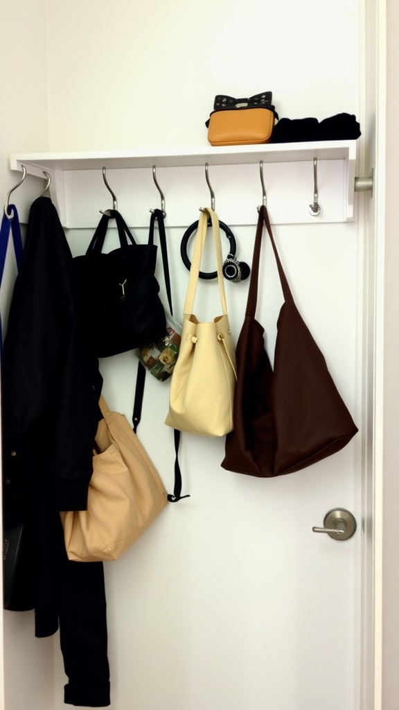 Hooks mounted on a shelf displaying various bags and accessories in a small closet.