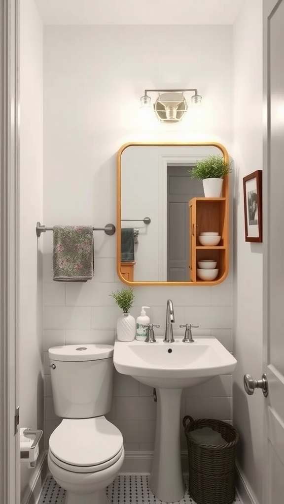 A minimalist small bathroom featuring multifunctional accessories like a wall shelf, round mirror, and well-placed lighting.