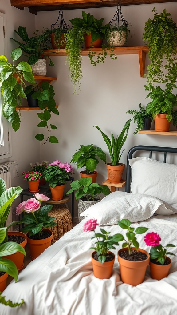 A summer bedroom filled with various plants in pots, brightening the space with greenery.