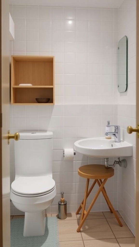 A minimalist small bathroom featuring foldable stool and open shelving.