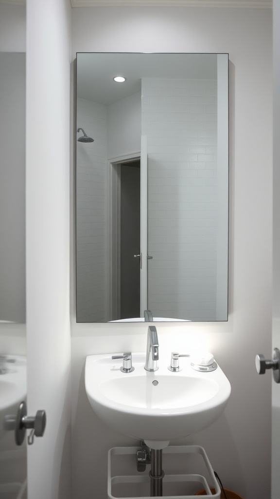 A modern bathroom with a sleek mirror above a white sink, reflecting light and space.