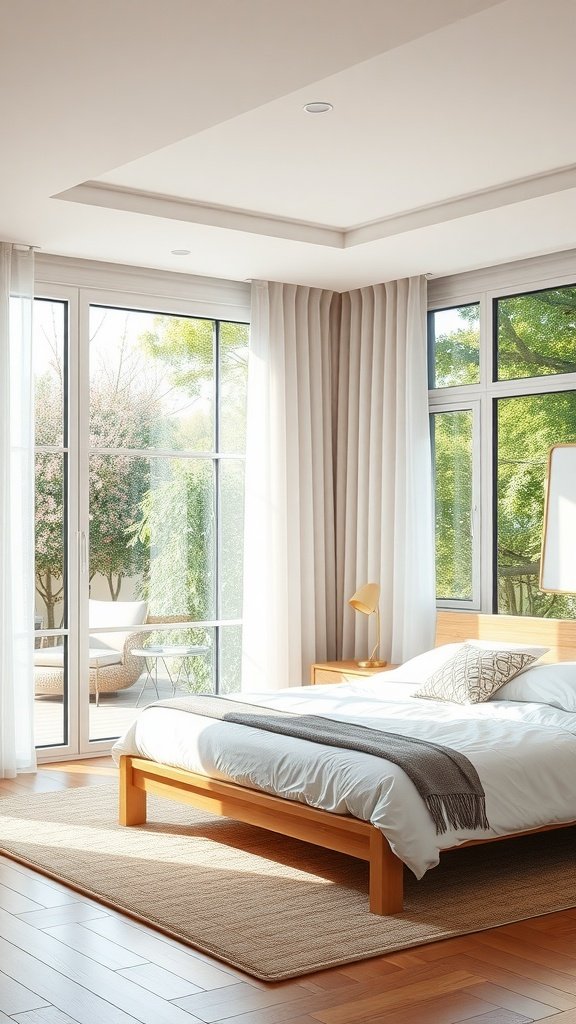 Bright bedroom with large windows and natural light