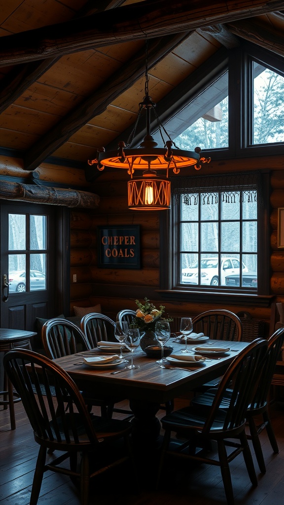 A cozy dining area in a cabin with rustic lighting.