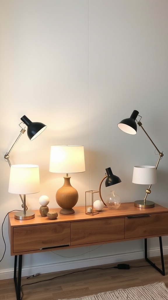 A stylish arrangement of table lamps on a wooden side table in a living room.