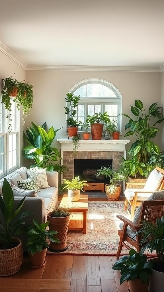 A bright and cozy living room filled with various indoor plants, showcasing a comfortable seating area and a fireplace.