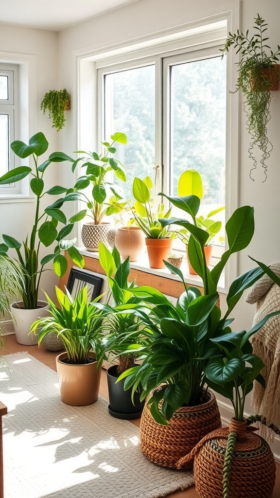 A bright room with various indoor plants in stylish pots near large windows.