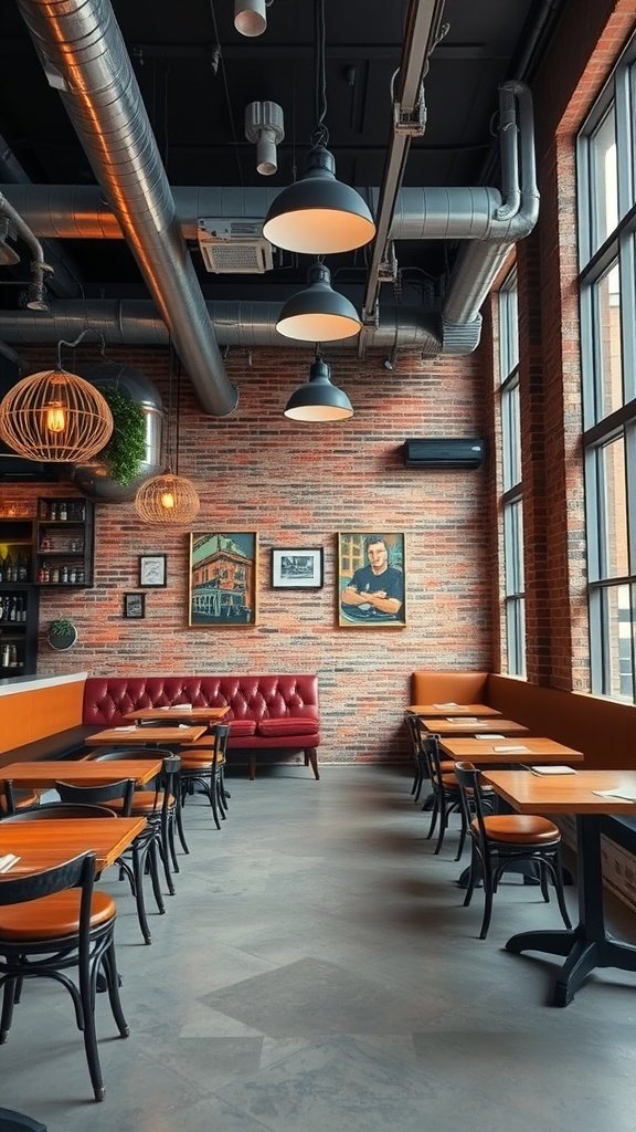 Interior of a restaurant featuring exposed brick walls, industrial lighting, and wooden tables.