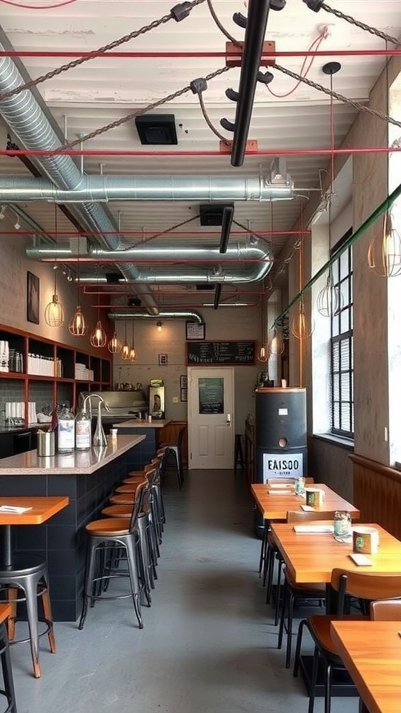 A modern restaurant interior featuring metal accents and industrial design elements.