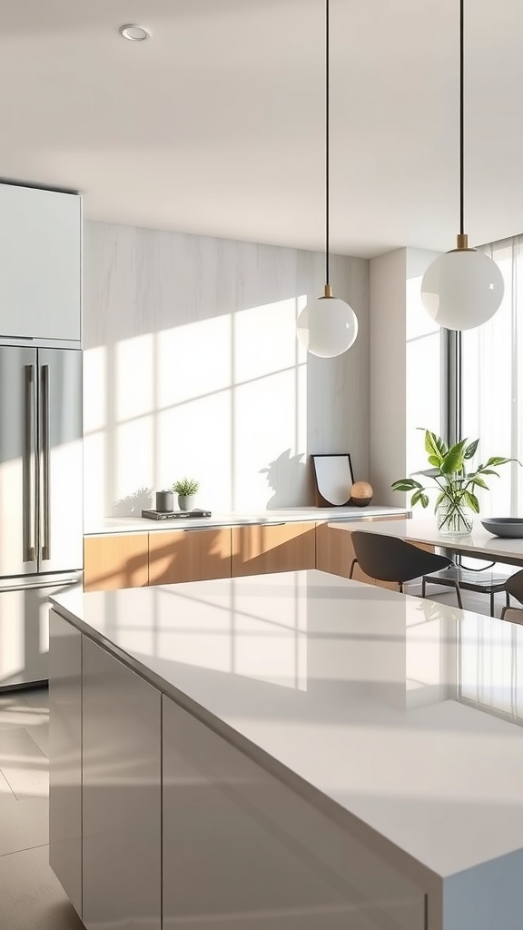 A modern kitchen with a glass countertop, wooden cabinets, and natural light.