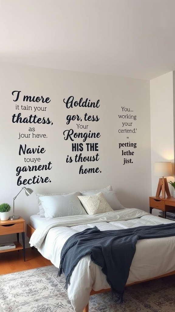 A cozy bedroom with inspirational quotes on the walls in elegant fonts.