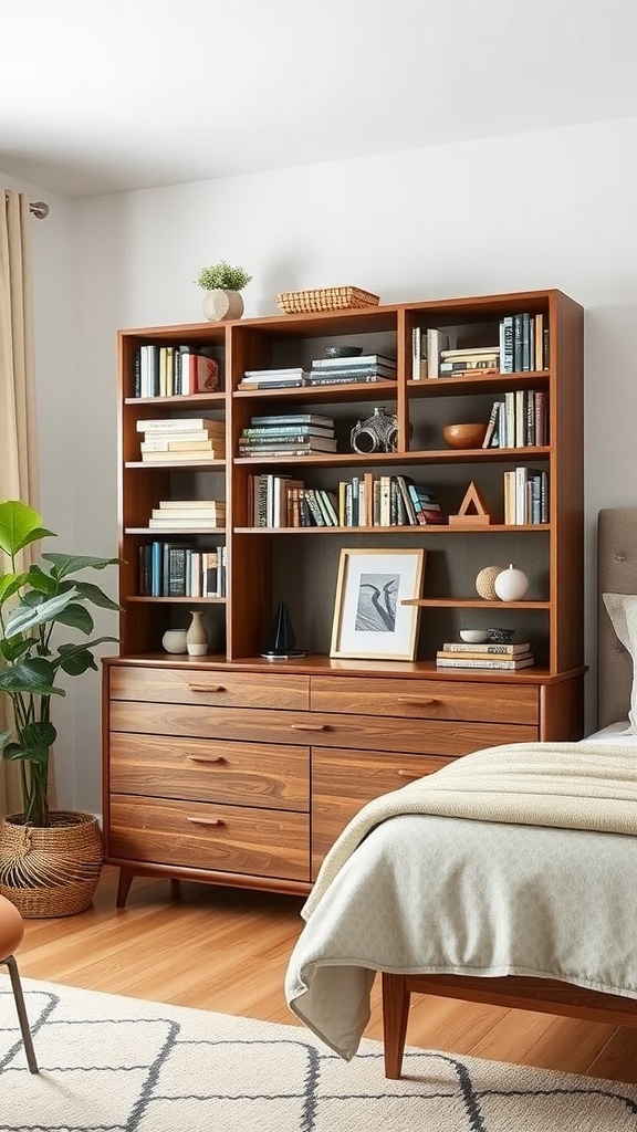 A stylish integrated bookshelf dresser in a bedroom featuring books, decorative items, and drawers.