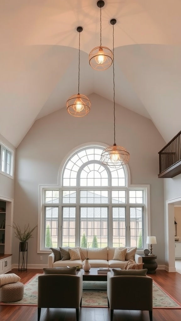 A stylish living room featuring a half vaulted ceiling with pendant lights.