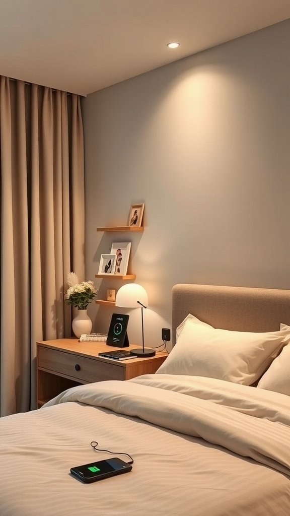 A modern bedroom setup featuring a bedside charging station, smart lamp, and soft bedding.