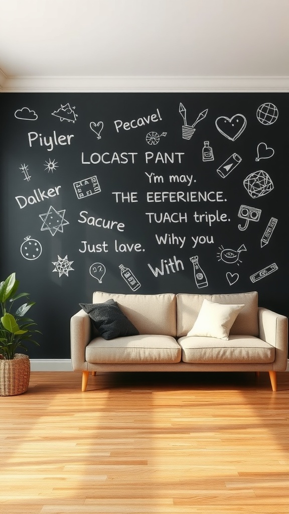 A cozy living room with a chalkboard wall filled with doodles and fun phrases, alongside a light-colored couch and a plant.