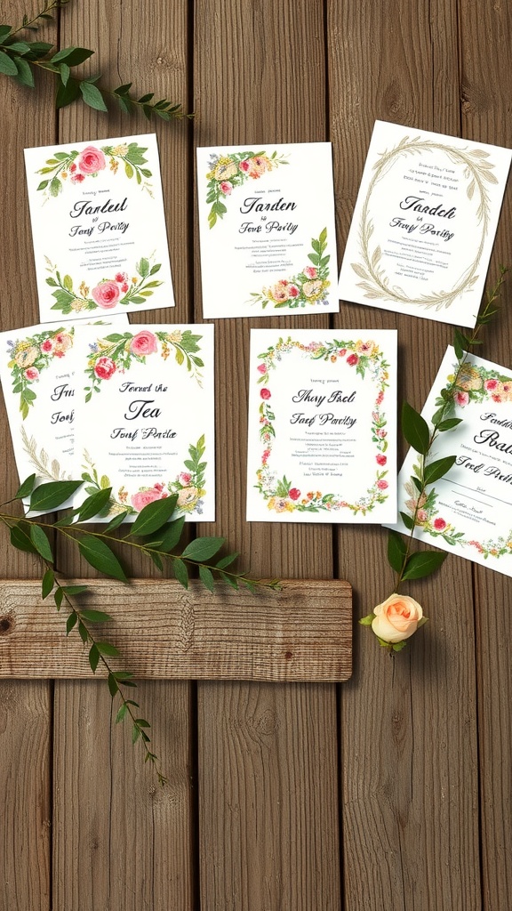 A beautiful display of garden tea party invitations arranged on a wooden background.