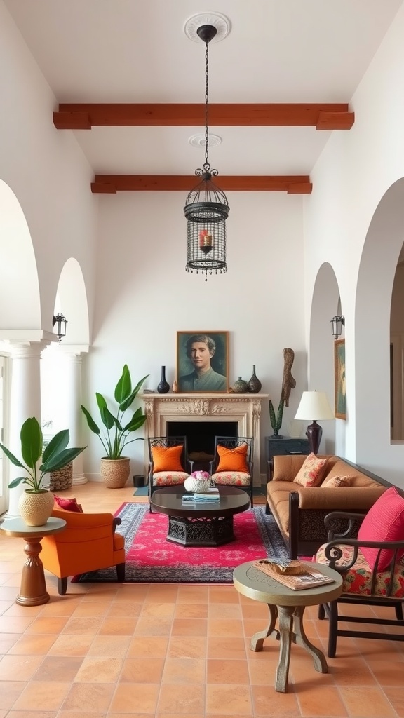 A cozy Spanish Revival living room featuring terracotta tiles, wooden beams, and vibrant decor.