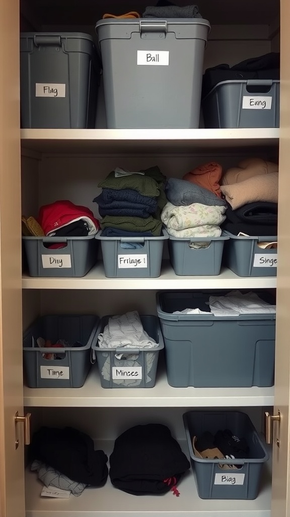 An organized closet with labeled gray bins for easy identification of contents.