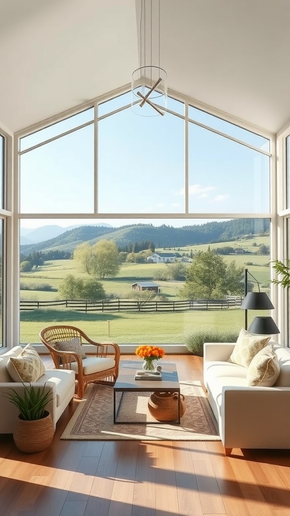 A bright living room with large windows showcasing a scenic outdoor view of fields and mountains.