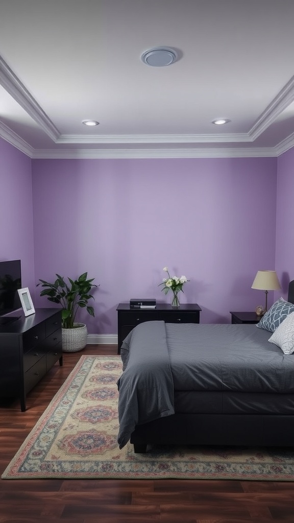 A cozy bedroom with lavender walls and charcoal bedding, featuring a plant and fresh flowers.