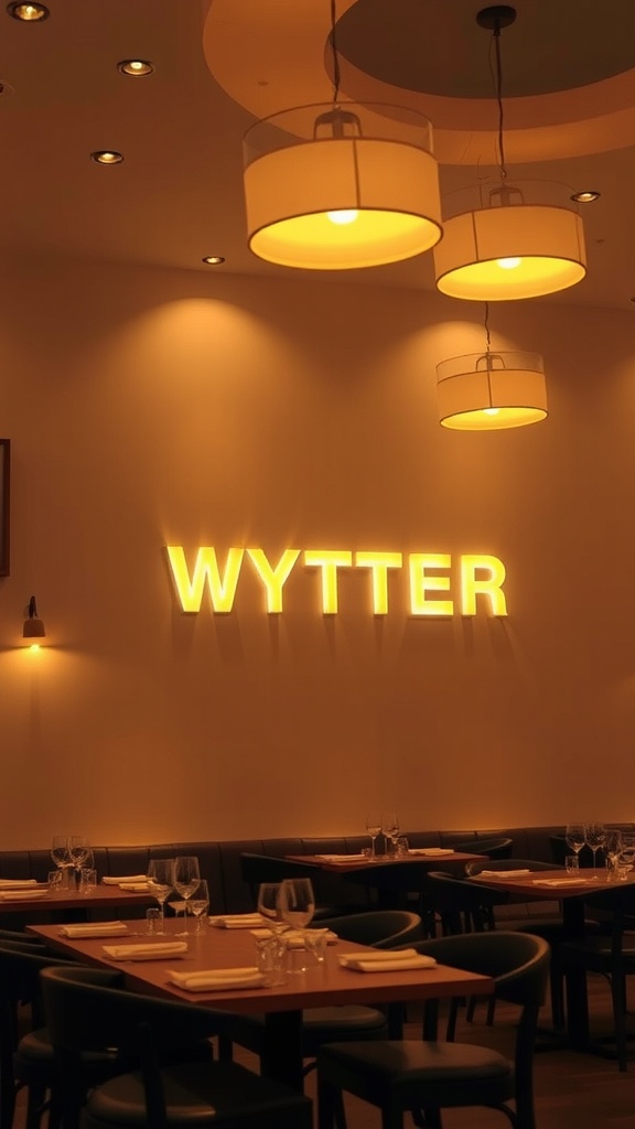 Warm layered lighting with a sign in a restaurant setting