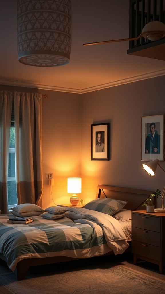 Cozy bedroom with layered lighting and a warm atmosphere.