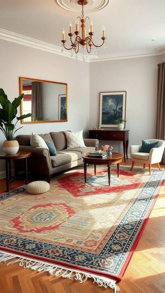 A cozy living room featuring layered rugs, a sofa, and a chandelier.