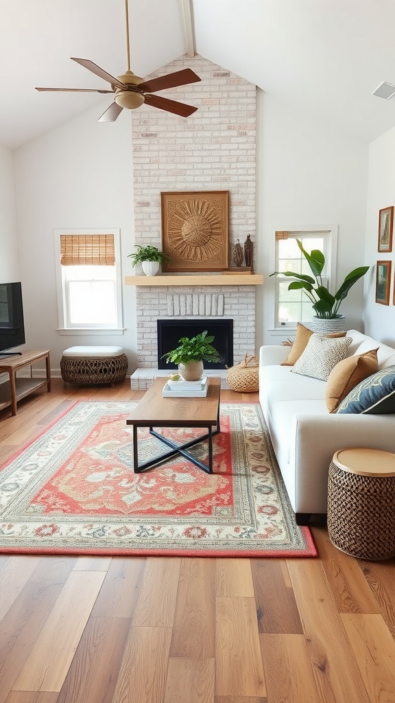 A cozy Western living room featuring a layered rug, a white sofa, and wooden floors.