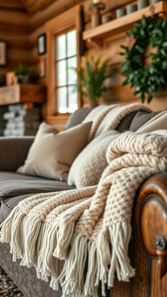 A cozy sofa with textured blankets and pillows in a cabin interior.