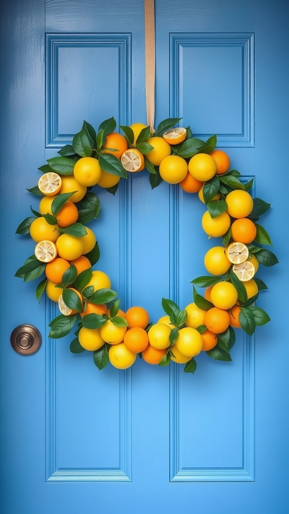 A vibrant lemon and citrus wreath on a blue door, featuring lemons, oranges, and green leaves.