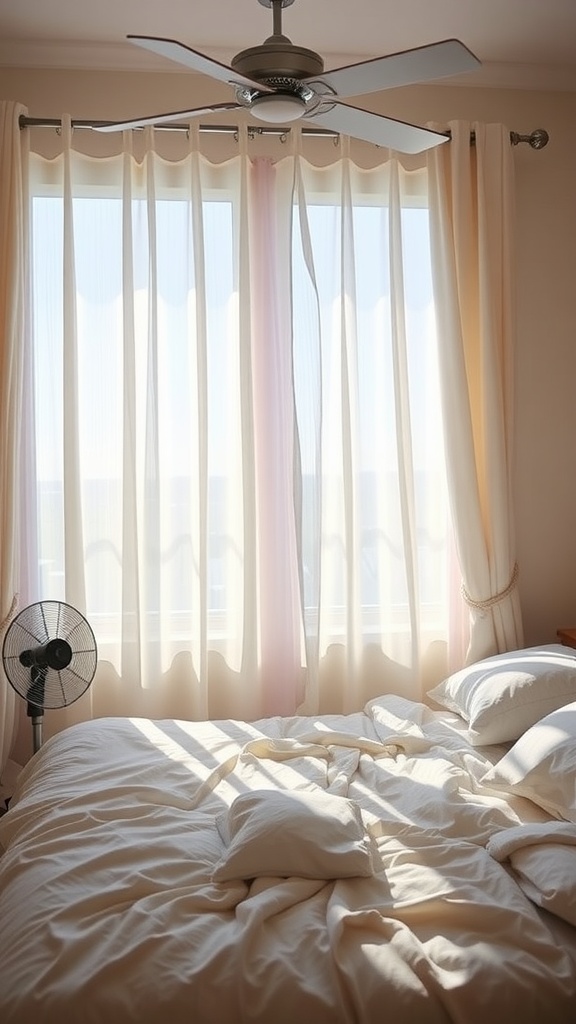 Bright bedroom with sheer curtains and a fan, creating a light and airy atmosphere.