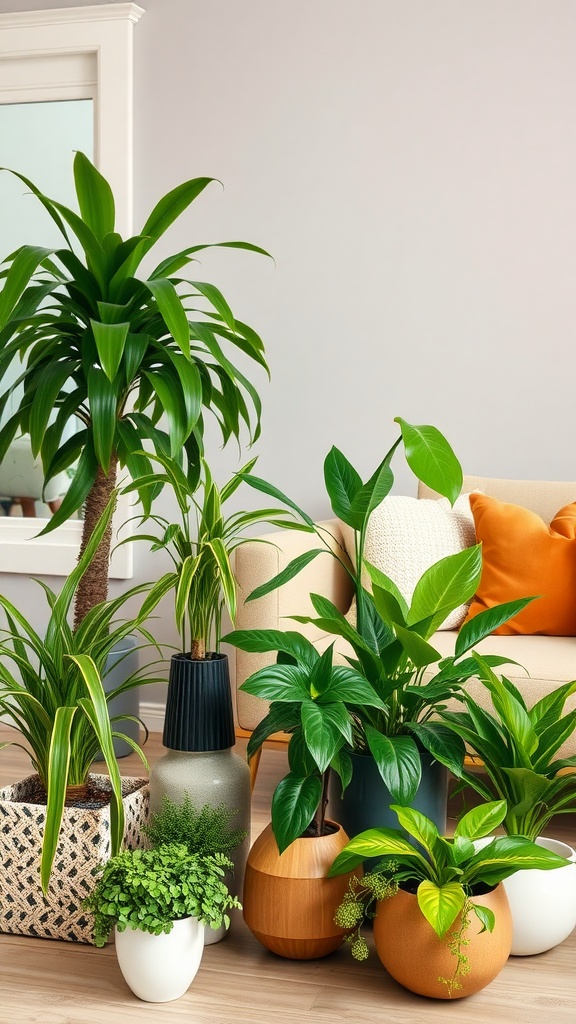 A variety of indoor plants arranged around a couch, showcasing different shapes and colors.