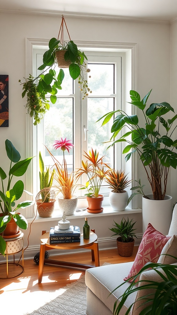 A bright living room corner featuring various indoor plants, including hanging plants and potted greenery, creating a lively atmosphere.