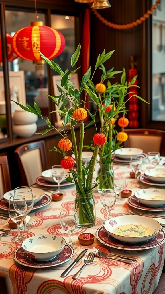 A festive table setting with lucky bamboo centerpieces and colorful decorations for Lunar New Year.