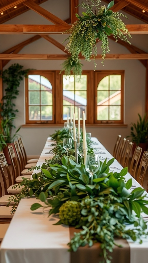 A long table centerpiece decorated with greenery and foliage, featuring candles and elegant table settings.