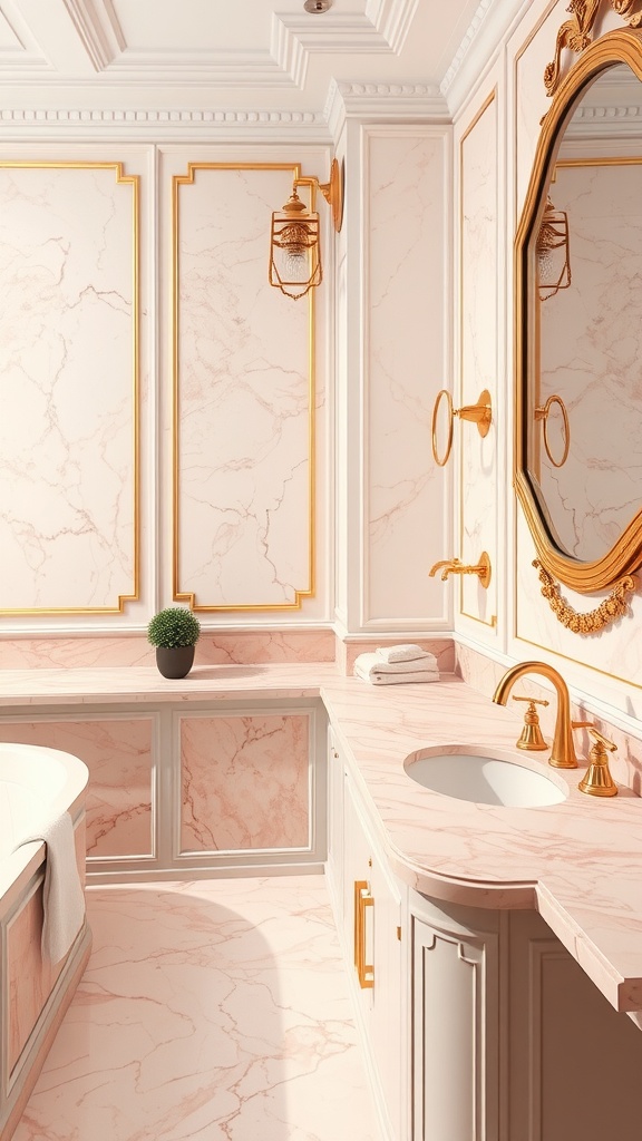 Luxurious bathroom with pink marble, gold fixtures, and elegant decor