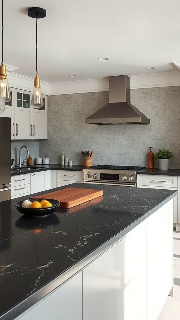 A modern kitchen showcasing a luxurious soapstone countertop with white cabinetry and warm lighting.