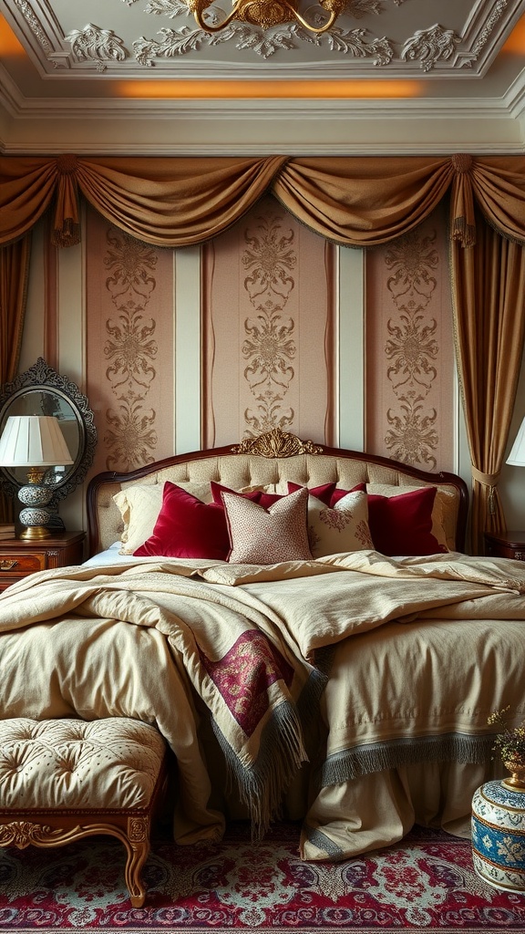 An elegant bedroom featuring luxurious textiles with layered bedding, plush pillows, and rich drapery.