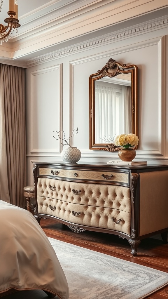 Luxurious upholstered dresser with tufted design and ornate mirror in a stylish bedroom setting.