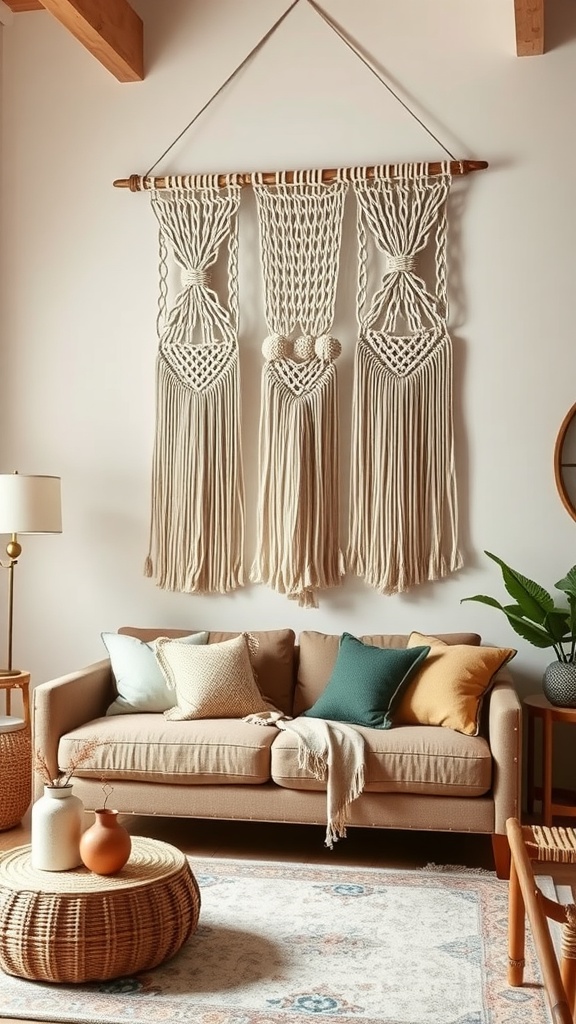 A macrame wall hanging above a beige sofa with colorful cushions in a cozy living room setting.