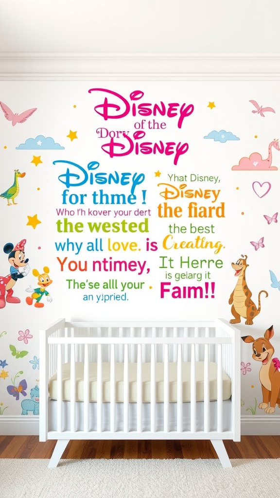 Colorful Disney quote wall decals in a nursery with a crib.